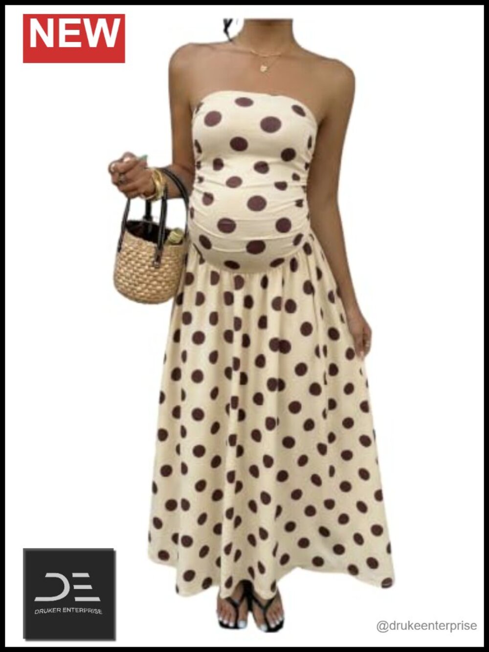 Maternity Polka Dots Maxi Dress Strapless Ruched Flowy